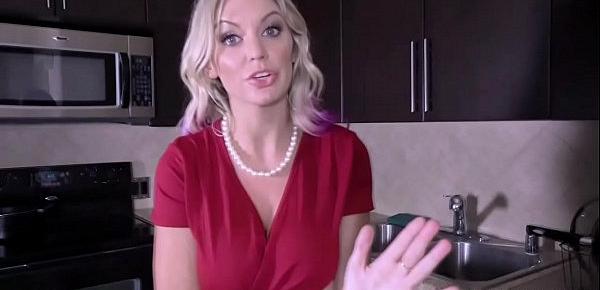  Blonde shoplifter MILF Kenzie Taylor got caught and blackmailed by stepson and performs a handsfree blowjob while wearing handcuffs.